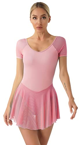 Agoky Damen Ballettkleid Kurzarm Ballett Trikot mit Rundhalsausschnitt Gymnastikanzug Sport Body mit Mesh Tutu Rock Slip Dancewear Rosa H S