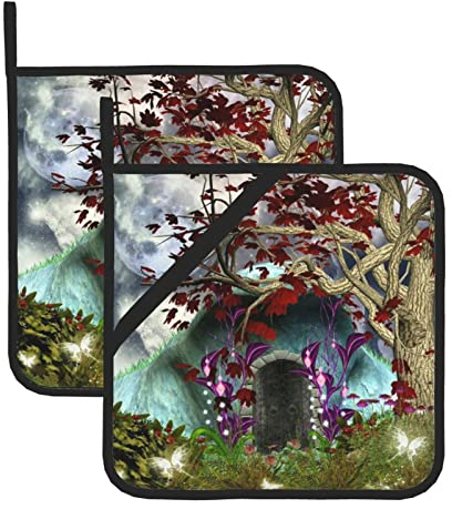 Gothic Fairy Garden Topflappen Set mit 2 rutschfesten heißen Pads Hitzebeständig Küche Topflappen für Frauen Männer Kochen Backen BBQ Grillen