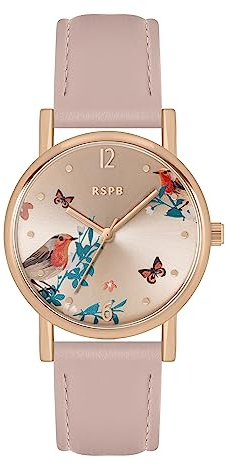 Tikkers RSPB Damen-Armbanduhr mit Vogel-Motiv, bedrucktes Zifferblatt, Erwachsenenuhr, Nude Rotkehlchen, Modern