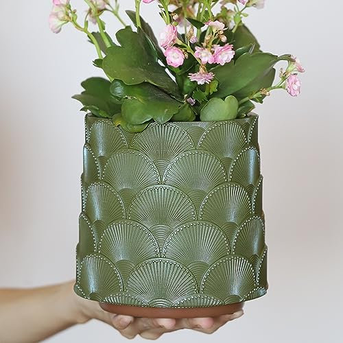 GUGUGO Pot de fleurs en écailles vert sauge nacré, mignon et unique avec drainage, petits pots de fleurs éclectiques colorés pour plantes d'intérieur et d'extérieur, pot de jardinage amusant