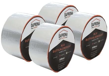 DAPRONA Butylband, Panzertape 10m x 75mm, 4 Stück Alu Dichtungsband Alu, Reparaturband, Dichtband Fenster Dachrinne, wasserfest, hitzebeständig