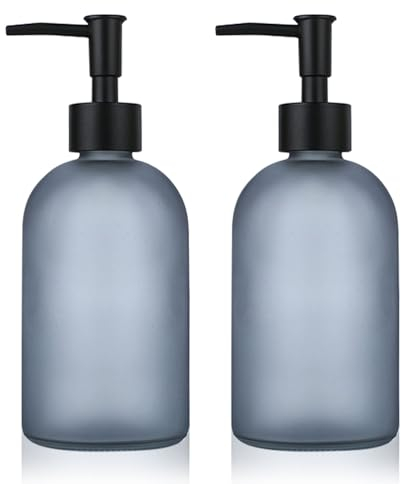 Yiter 410ml/14oz Soap Dispenser, Versatile Hand Soap Dispenser with Pump for Bathroom, Kitchen, Bedroom, Reusable Glass Soap Dispenser for Lotion, Detergent, Essential Oil(2pcs/Gray)