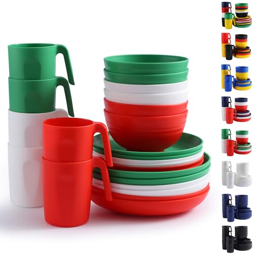 Berglander vajilla de plástico 24 piezas para 6, juegos de platos y tazones reutilizables de color IT incluye platos de cena, plato de postre, tazones de cereales, tazas para el hogar, jardín, picnic