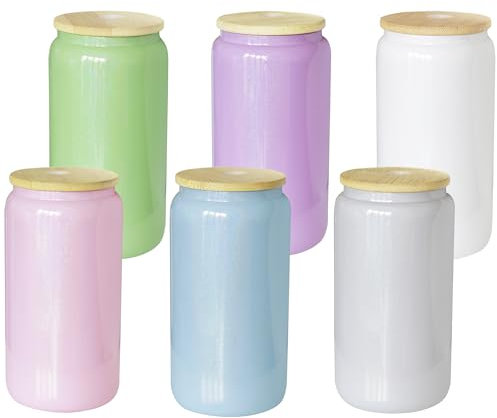 VACVOU Sublimationsglasbecher, Rohlinge mit Bambusdeckel und Strohhalm, schillernd, Sublimationsglasdosen, Tumbler, funkelnder Regenbogen-Schimmer, 473 ml, Sublimations-Biergläser, Dose,
