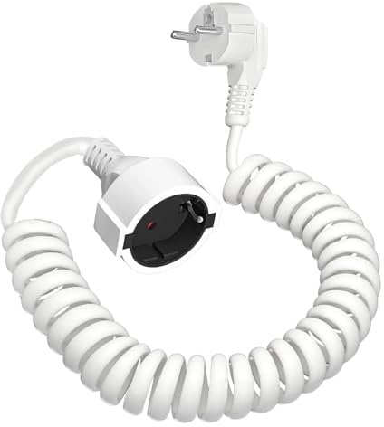 Cavo di Prolunga Schuko, Con presa/spina Schuko, Cavo a Spirale con Contatto di Protezione Estensibile da 0,58 m a 2 m Max, IP20 (230 V/16 A), Bianco