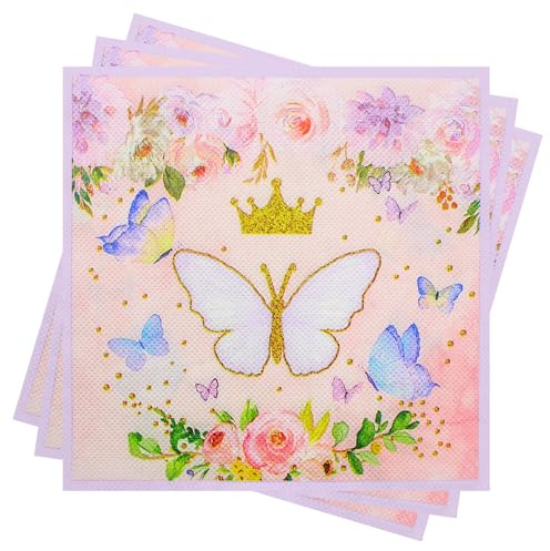 40Stück Rosa Servietten Schmetterling Blume, Servietten Geburtstag Mädchen, Gold Krone Happy Birthday Servietten Party Papierserviette für Mädchengeburtstag Party Tischdeko