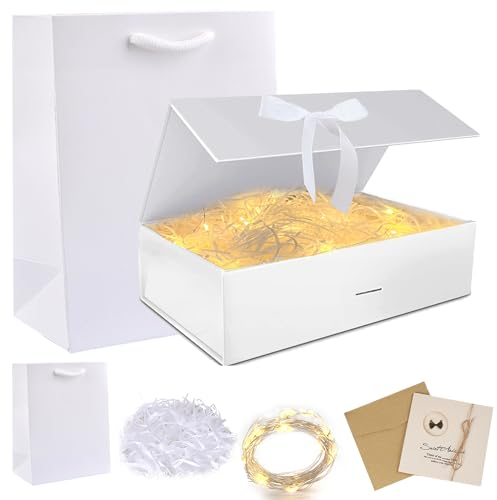 Geschenkbox Set Mit Deckel, Schleifen, Magnetisch - Faltbare Kartons, Grußkarten, Raffia Hamper Shreds, LED-Lichterkette - Für Hochzeit, Geburtstag, Weihnachten