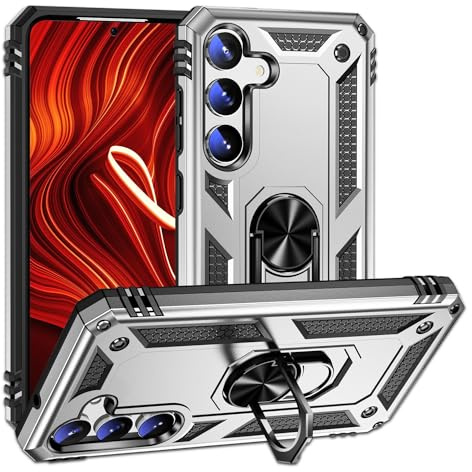 NALIA Panzerhülle für Samsung Galaxy S24 - Hülle, Silber | 2-lagiger Aufprallschutz, TPU-Kern mit PC-Außenschale, Integrierte Metallplatte, Griffig bei Nässe, RINGDEFEND