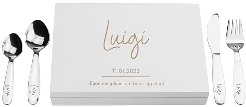 LAUBLUST Posate per bambini con incisione del nome e scatola regalo in legno personalizzata | Liri - Bianco | 4 pezzi - Regalo personalizzato per bambini | Acciaio inox | Regalo con nome