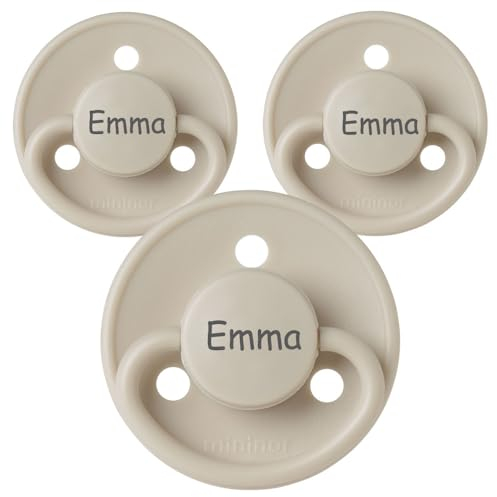 Namensschnuller, personalisiert auf Schnullern von Mininor, Silikon, Rund. Größe 1, 0-6 Monate, 3 Stück, Schnuller mit Namen, Nuckel, BPA-frei Schnuller, Graviert