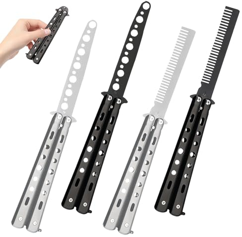 MEGYAD Butterfly Trainer Lot de 4 couteaux papillon d'entraînement à lame non aiguisée en acier inoxydable pour couteau d'entraînement débutant flipping astuces (Weiß+Schwarz)