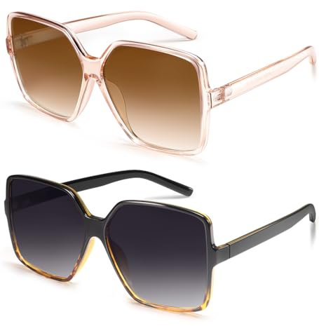 Dollger übergroße Quadratische Retro Sonnenbrille Damen Herren Große Mode Brille Schattierungen für Männer Frauen UV-Schutz,Braun+Grau