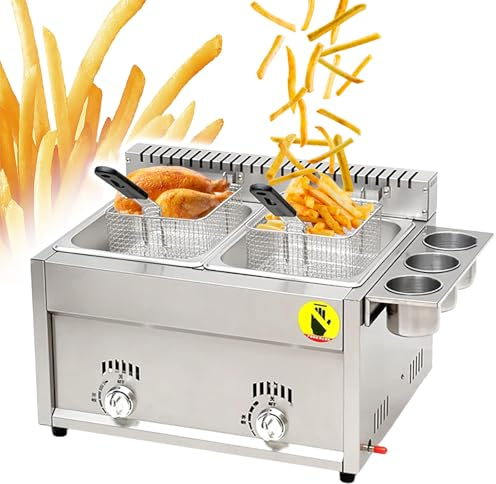 Eastnmythet Friteuse à gaz, friteuse à gaz GPL de comptoir Commercial, friteuse en Acier Inoxydable avec Panier de 2x8 L pour la friture de Chips de Poulet à la Maison