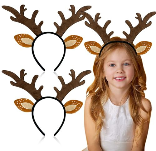 TUONYIS 2 Pièces Serre-tête Oreilles de Cerf, Bandeaux de Noël Renne Bois Couvre-chef Accessoires Cosplay pour Fête Anniversaire Carnaval Halloween Noël (Brun)