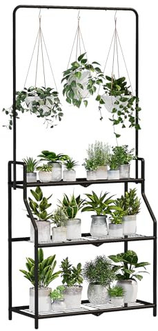 Bamworld Pflanzenständer Schwarz Metall Wetterfestes Pflanzenregal für Innen und Außen, Pflanztisch für Blumen und Kräuter, robuster Blumenständer mit 3 Ebenen