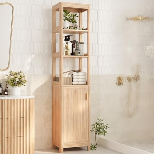 INNOD 68'' Tall Narrow Storage Cabinet with Adjustable Shelf and Door, Bathroom Storage Cabinet, Space Saver for Bathroom, Kitchen, Living Room, Natural Oak