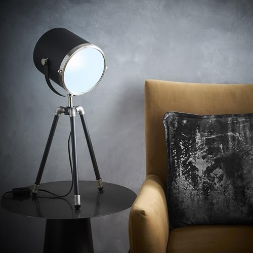 K LIVING Dagon Industrial Style Tripod Table Lamp | Black and Satin Nickel Modern Lighting Solution for Home Decor | Adjustable Head with Front Face Diffuser for Console, Side, or Bedside Tables