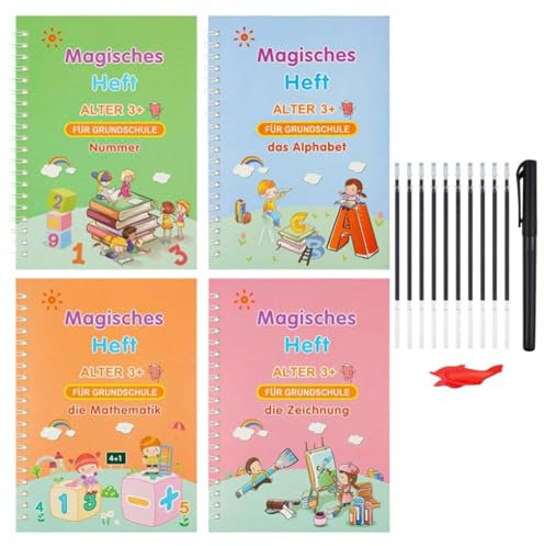 Generisch Deutsch Zauber-Übungsheft Für Kinder,Deutsch Magisches Heft Arbeitshefte Für Magisches Handschreiben, Handschrift-Übungsheft, 4 Stück Übungshefte, 10 Stück Ersatzminen, Stifthalter