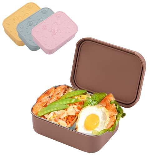 KENTROON Stainless Steel Lunch Box with Silicone Lid,Leakproof Bento Lunch Box with a Movable Divider, 850ml Lightweiht Sandwich Salad Box Container for Children and Adults Office and School Brown