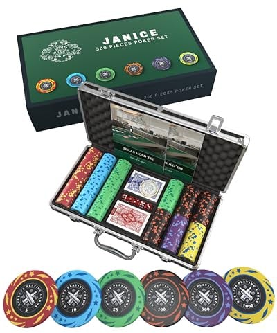 Bullets Playing Cards, Pokerset Janice, Pokerkoffer mit 300 Kunststoff Pokerchips mit Werten, inkl. Keramik Dealerbutton und Pokerkarten
