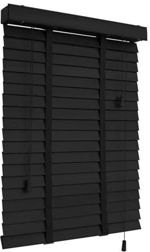 2 Slats Blinds for Indoor Windows W 22 24 34 44 48 60 64 72 Cordless Faux Wood Window Blind Waterproof Wooden Horizontal Wood Venetian Blind & Shades for Office Door Bedroom(Black)