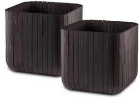Keter Set de 2 Maceteros de Exterior Wood Planter, Cubo Redondo, 21.5L | 29.5x29.5x29.7 cm,color marrón