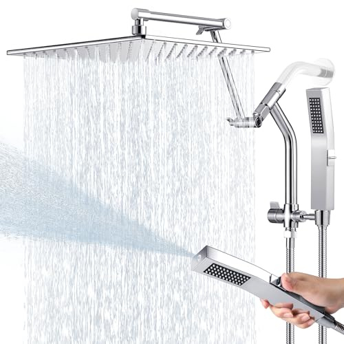 Regenduschkopf aus Metall, 30,5 cm, mit integriertem Power-Waschmodus, Hochdruck-Wasserfall-Regenfall, quadratischer Duschkopf mit 40,6 cm verstellbarem Verlängerungsarm, Doppelduschkopf (Chrom)