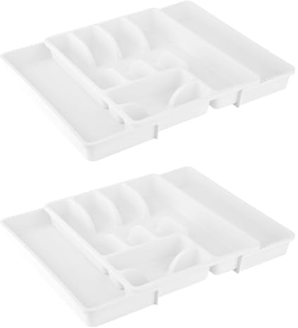Engelland - 2 x verstellbarer Besteckkasten, Weiß, Besteckkorb mit 8 Fächern, Kunststoff, BPA-frei, Besteckhalter, Besteckeinsatz für Küchenschubladen, Maße: 29-51 x 38 x 5 cm
