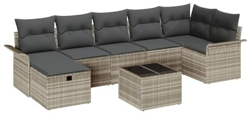 vidaXL Garten-Sofa-Set mit Kissen 8 pcs Hellgrau Poly Rattan, Garten und Terrasse, modernes, leichtes Sofa-Set, uv-beständig, bequemes Outdoor-Sitzen für schicke Terrassen
