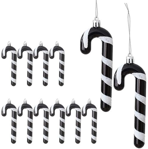DAHI 12 Pezzi Decorazioni per Albero di Natale, Bastoncini di Zucchero Natalizi, da Appendere, Plastica Candy Cane Decorazioni Albero di Natale (Nero-bianco B)