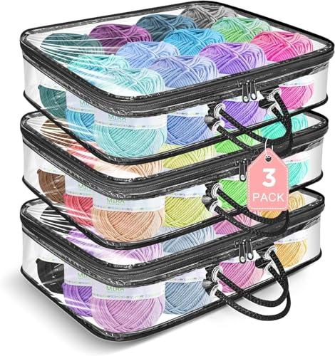 Clear Yarn Storage Organiser, 3pcs Portable Yarn Storage Organiser Unit, Dust-Proof Wool Storage Bag with 4 Lables, Knitting Organizers with Zippers & Handle