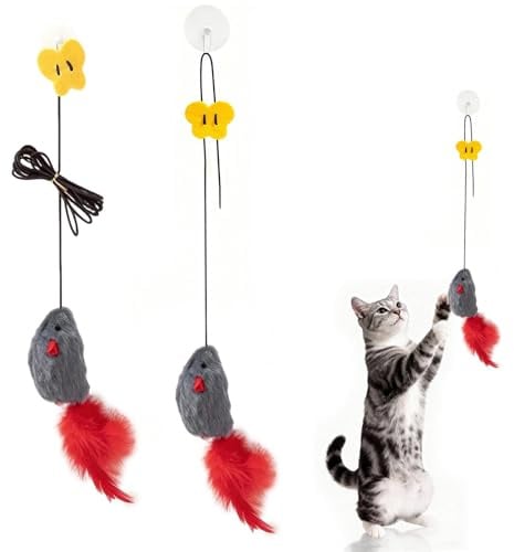 Nolvireth 2 Pack Interactive Cat Toys, Hanging Mouse Toys for Indoor Cats | with Squeak Sound, Feather Tail and Elastic Rope, Self Play Kitten Toys for Indoor Cats and Kittens