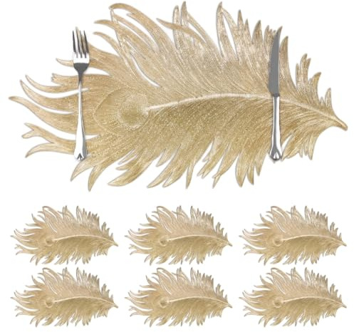 comfoyar Set di 6 Tovagliette Americane Oro a Forma di Piuma di Pavone, Tovagliette Americane Antiscivolo Lavabili Impermeabili in Vinile per Cucina Decorazione, Tavola di Feste e Pranzi 30x51cm