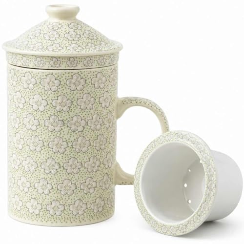 AiXception Ceramic Tea Infuser Mug with Lid, Floral Plum Blossom Porcelain Steeping Cup, 12 oz, 3-Piece Set with Removable Filter for Loose Leaf Tea, Mint Green & White