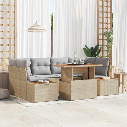 FWIKDUN Garten Sofa Set mit Stauraum 7-teilig Beige Poly Rattan Outdoor Möbelgruppe für 6 Personen mit Esstisch und Eckbank