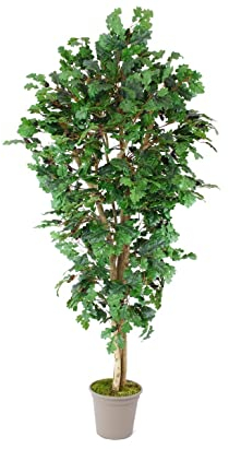 kunstpflanzen-Discount.com Künstlicher Eichenbaum 200cm mit 1050 Textilfaser Blätter und Naturstämmen - 2m großer Eichen Kunstbaum mit Eicheln