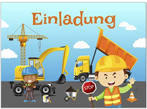 8 Einladungskarten Kindergeburtstag mit Umschlägen, Baustelle, Bauarbeiter und Bagger, Karte Geburtstag Einladung zum Ausfüllen