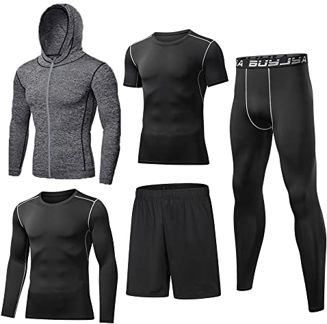 BUYJYA 5-teiliges Herren-Kompressionshose, Shirt, Oberteil, langärmelig, Sport-Sets, Fitnessstudio, Kleidung, Herren-Workout, Grau, Large