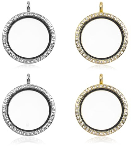 WANDIC Strass-Foto-Charms, 4 Stück, runde Erinnerungsmedaillon-Anhänger, Brautschmuck, Hochzeitsstrauß, Foto-DIY-Halskette, Schmuck (2 Silber + 2 Gold)