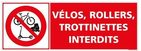 Panneau - Vélos, Rollers, Trottinettes Interdits- Aluminium 2 mm - Dimensions 210 x 75 mm - Protection Anti-UV