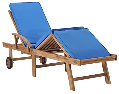Tidyard Gartenliege Sonnenliege Holz mit Rollen, Auflage und Schiebetisch Holzliege Liegestuhl Relaxliege für Garten Terrasse Schwimmbad, Massivholz Teak Blau