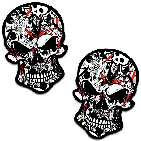 Finest Folia 2 x Skull Funsticker Totenkopf Aufkleber 7,2x11cm Autoaufkleber Waschstraßenfest Selbstklebend Kfz Tuning Zubehör Auto Motorrad Bus Wohnwagen R121 (Nr. 5 Skull Schwarz Rot)