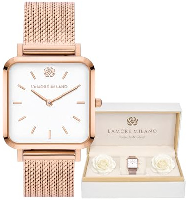 L'AMORE MILANO Damenuhr Rosenbox - Hochwertige Armbanduhr Edelstahl mit luxuriösem eckigem Design, wasserdicht 3 ATM - Edles Geschenk für Frauen, Freundin, Mutter - 28mm quadratische Damen Uhr Mesh