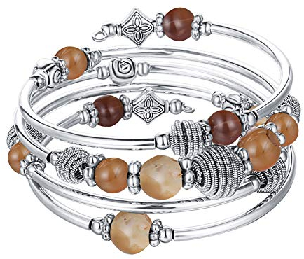 Bulinlin Silber Wickelarmband mit Naturstein Perlen Boho Mehrschichtiges Damen Armbänder Geburtstags Modegeschenk für Frauen(Brown)