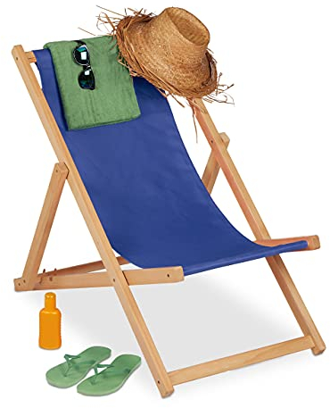 Relaxdays Liegestuhl Holz, klappbarer Strandstuhl, 3 Liegepositionen, 120 kg, Sonnenstuhl, Garten & Balkon, schwarz