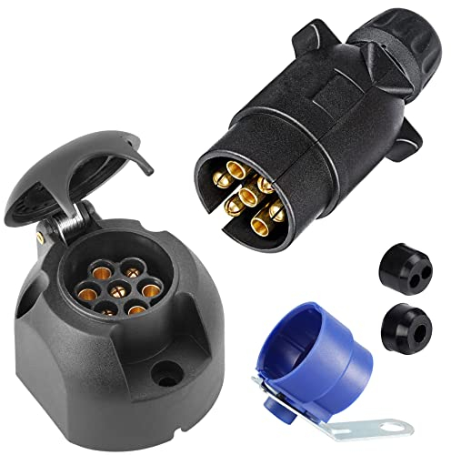 SPARKMOTO 7 Polig Anhänger Stecker Anhänger Steckdose Set,mit Blau steckerhalter,12V Wasserdicht 7-pol Anhänger Stecker Steckdose für Anhänger Wohnwagen RV,AHK Adapter Stecker Steckdose(Schraubenende)
