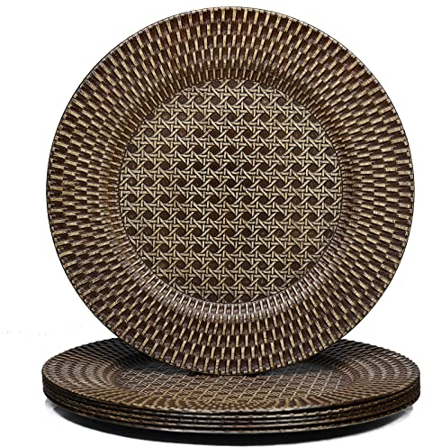 Spsyrine Faux Rattan Plastic Rustic Charger Plates, Set of 6 Elegant Round Plate Chargers for Dinner, Decorative for Events and Parties. (Plaid)