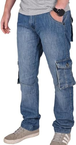True Face Men's Cargo Combat Jeans Regular Fit Denim Multi-Pocket Jeans