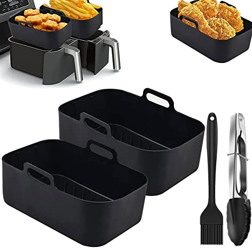 2PCS Silicone Pot for Ninja Air Fryer, Reusable Air Fryer Liner with Oil Brush BBQ Clip, Double Silicone Air Fryer Basket BPA Free Air Fryer Accessories for Air Fryer, Oven, and Microwave (B)