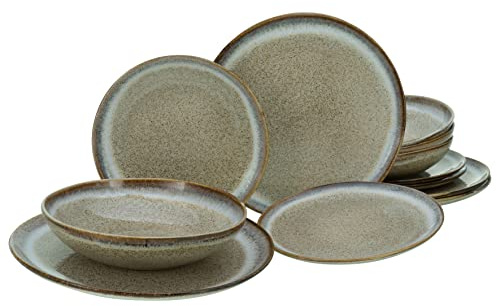 CreaTable, 14436, Serie Stone, 12-teiliges Geschirrset, Teller Set aus Steinzeug, spülmaschinen- und mikrowellengeeignet, Made in Portugal